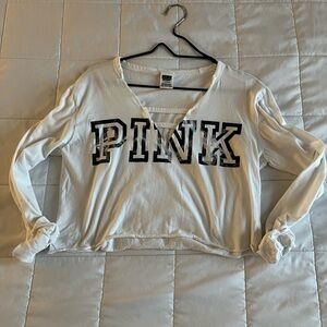 PINK Victoria's Secret White Long Sleeve V-Neck Logo Top with Floral Accent